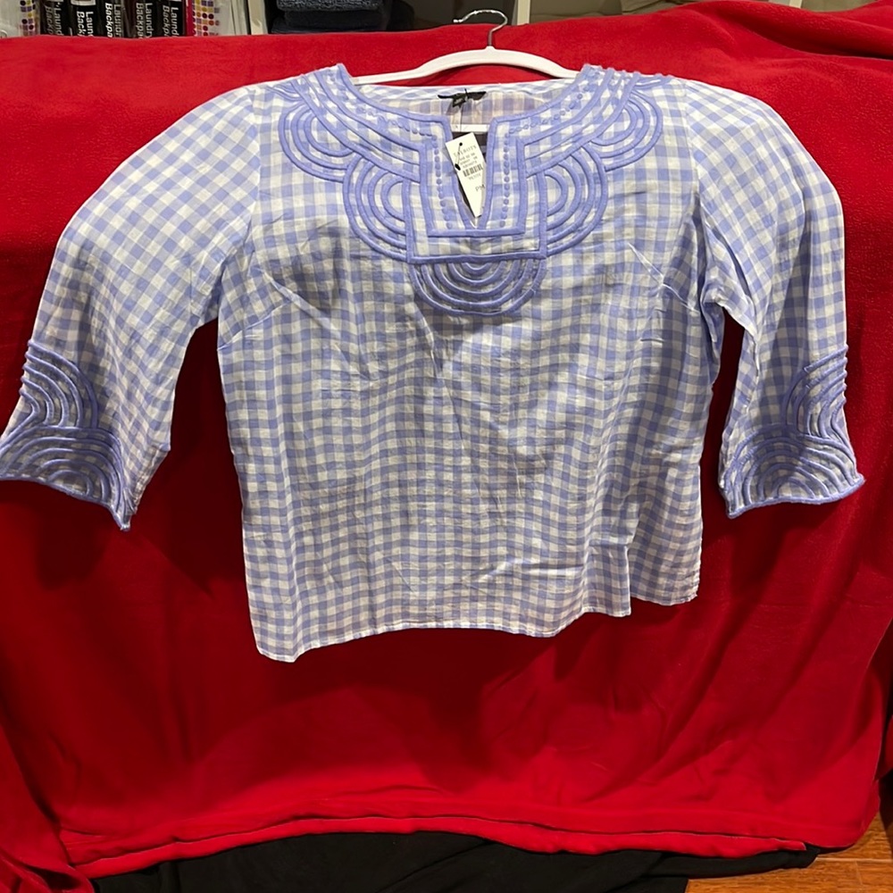 Talbots petite light purple and white check embroidered pop over tunic.